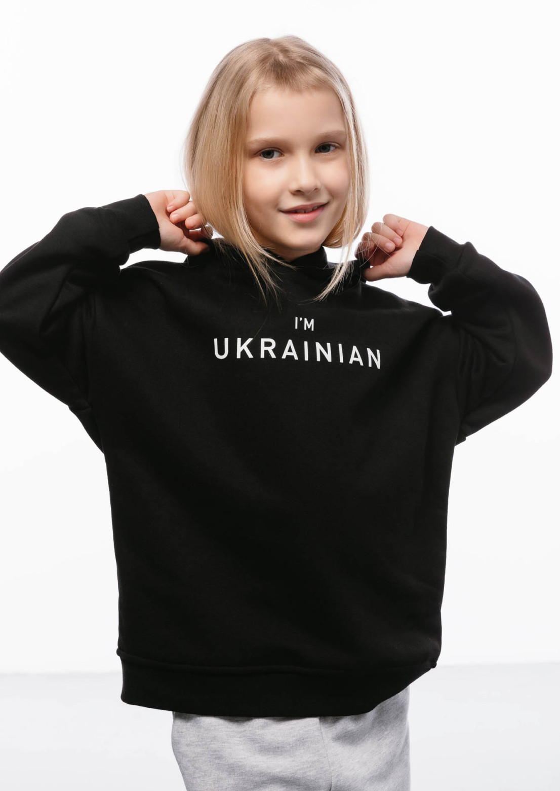 Dark night color kids three-thread hoodie with print "I'm Ukrainian"
